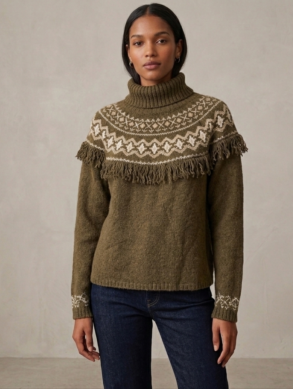 Y2K Fair Isle Fringe Turtleneck Sweater - Olive Green - XL Route 66